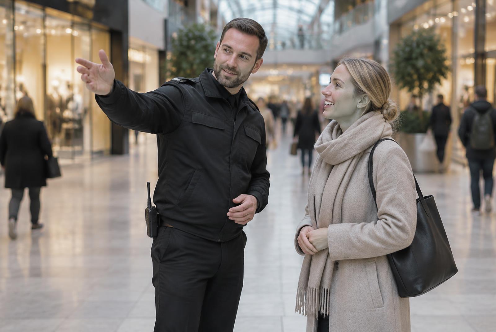 Servicevagt hjælper kunde med vejvisning i butikscenter
