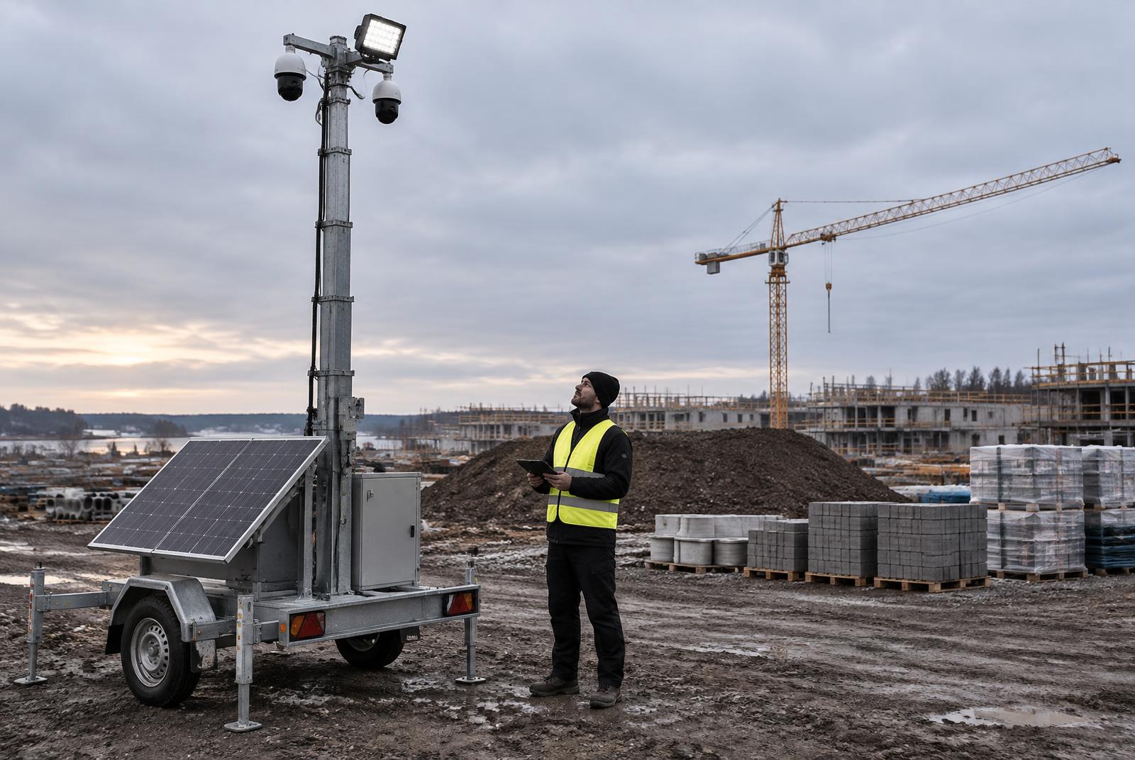 Mobilt overvågningstårn med kameraer og solceller på byggeplads