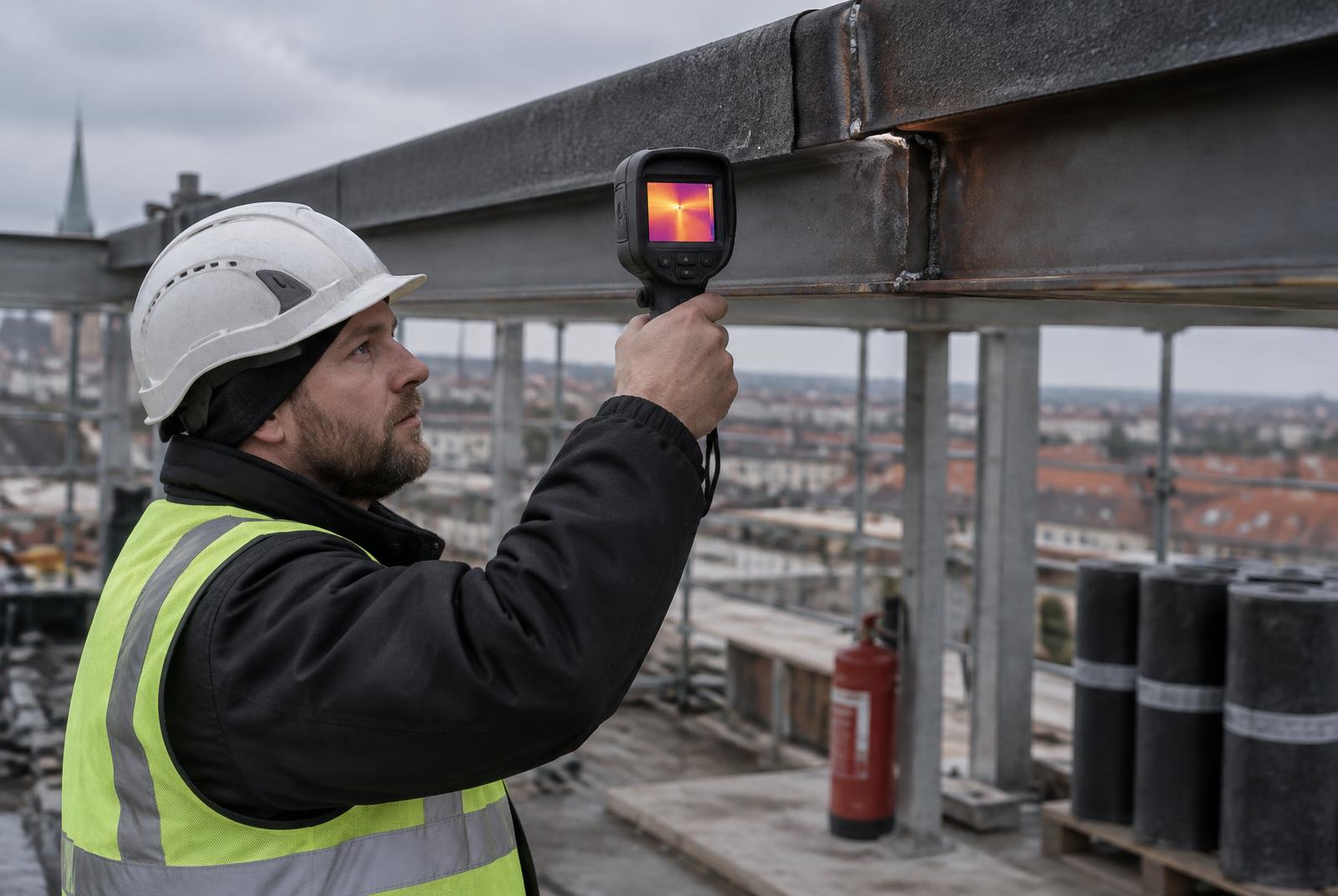 Brandvagt tjekker for skjulte gløder med termisk kamera efter varmt arbejde